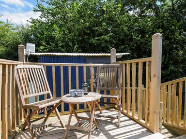 A wooden deck with two wooden chairs and a round wooden table with mugs and a French press at Shepherds Hut in Boconnoc near Lostwithiel