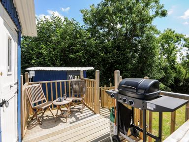 An outdoor wooden deck with two chairs a small round table and a gas barbecue grill surrounded by trees at Shepherds Hut Boconnoc near Lostwithiel