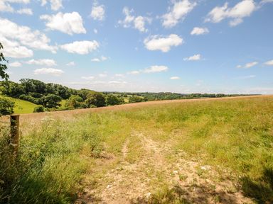 A grassy field with a dirt path and trees under a partly cloudy sky at Shepherds Hut in Boconnoc near Lostwithiel