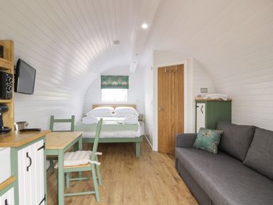 A small room with a bed, a gray sofa, a wooden table with chairs, a wall-mounted TV, and a wooden door at Laird Lodge 5 in Lochmaben