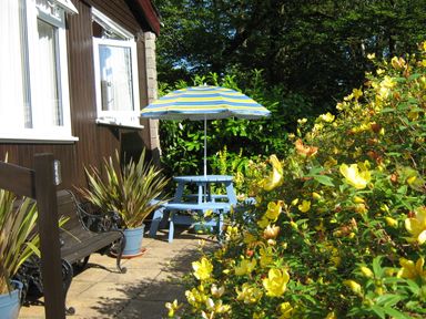 A garden patio with yellow flowers a wooden bench blue picnic table and a striped umbrella at 8 The Park in Kilkhampton