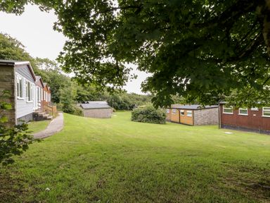 A grassy area with several small buildings and trees at 8 The Park in Kilkhampton