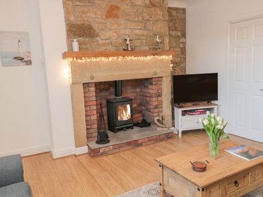 A living room with a stone fireplace and wood burning stove a television on a white stand and a wooden coffee table with flowers at Redshank in Amble