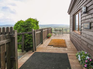 An outdoor wooden deck with a fence a doormat potted flowers and metal table and chairs at Dragonfly Lodge in Worthen near Minsterley