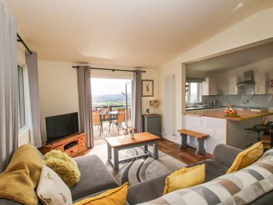 A living room with gray sofas yellow cushions and a wooden coffee table next to an open door to a balcony with a dining table at Dragonfly Lodge Worthen near Minsterley