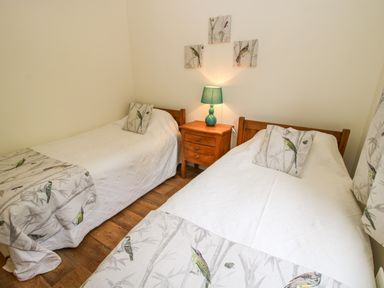 A bedroom with two single beds a wooden nightstand and a lamp at Dragonfly Lodge in Worthen near Minsterley