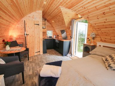 A curved wooden room with a bed a small kitchen area a table with chairs and a door leading outside at The Pod in Worthen near Minsterley
