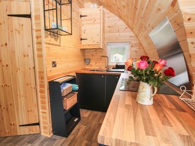 A kitchen with wooden cabinets countertops a sink and flowers on a counter at The Pod in Worthen near Minsterley
