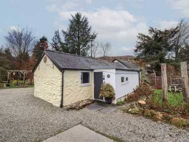 A small stone and wood cottage with a grey door and windows surrounded by gravel and trees at Tyn Y Cefn Near Blaenau Ffestiniog