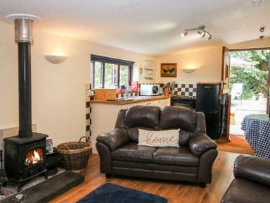 A living room with a wood stove and leather sofa in front of a kitchen with an open door to a garden at The Retreat in Pedairffordd near Llanrhaeadr-Ym-Mochnant