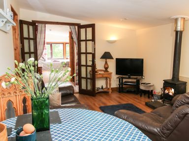 A living room with a table and flowers a television and a wood stove at The Retreat in Pedairffordd near Llanrhaeadr-Ym-Mochnant