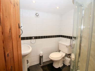 A bathroom with a toilet sink shower and wooden door at The Retreat in Pedairffordd near Llanrhaeadr-Ym-Mochnant