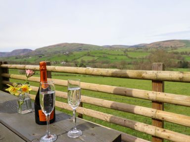 Two glasses and a bottle on a wooden table with flowers and a wooden fence overlooking green hills at The Retreat in Pedairffordd near Llanrhaeadr-Ym-Mochnant