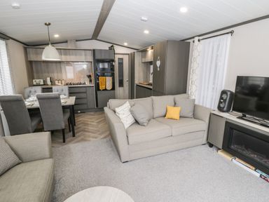 An open plan living area with a sofa, armchair, dining table with chairs, kitchen units, oven, and a TV at Finch 59 in Cayton