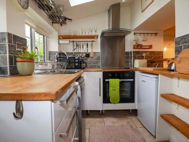 A kitchen with a stove, fridge, and sink at Woodview in Looe