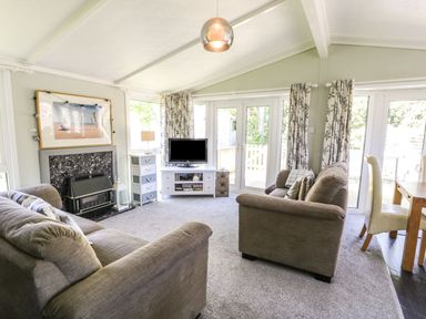 A living room with two sofas a fireplace a television on a stand and glass doors at Orchard Lodge in Llanengan near Abersoch