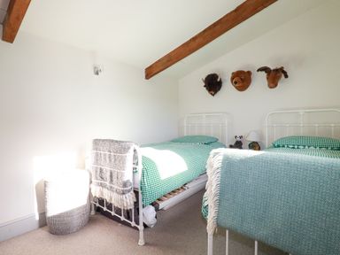 A bedroom with two single beds green bedding and stuffed animal heads mounted on the wall at Penpethy Farm in Tintagel