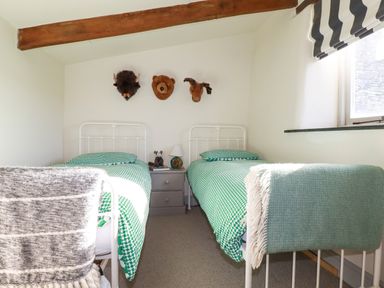 A bedroom with two single beds green patterned bedding a bedside table with a lamp stuffed animal animal head wall decorations and windows at Penpethy Farm in Tintagel