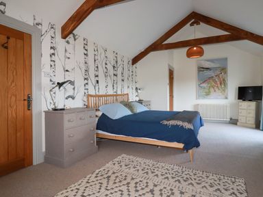 A bedroom with a wooden bed blue bedding bedside tables and a TV on a chest of drawers at Penpethy Farm in Tintagel