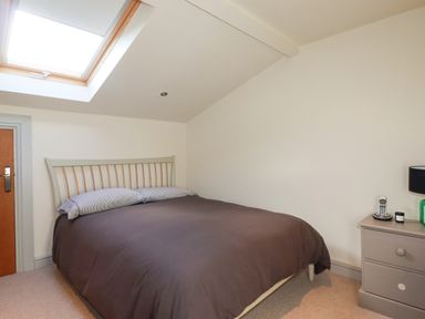 A bedroom with a bed near a skylight window and a nightstand with a lamp and phone at Penpethy Farm in Tintagel