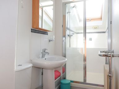 A bathroom with a sink toilet and shower area with glass door at Penpethy Farm in Tintagel