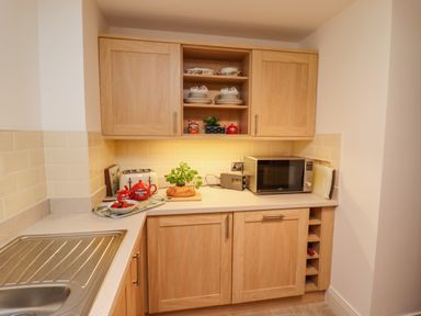 A kitchen countertop with a microwave toaster bread basil plant and kitchen cabinets at Above & Beyond in Whitby