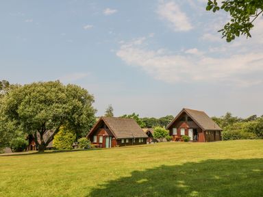 Two wooden cabins with triangular roofs on a grassy field near trees at Lodge 16 in Lanteglos near Camelford
