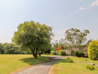 A paved pathway surrounded by grass and trees with buildings in the background at Lodge 16 in Lanteglos near Camelford