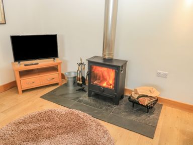 A wood stove with fire burning next to a TV on a wooden stand and firewood on a rack at The Mews in Bovey Tracey near Chudleigh Knighton