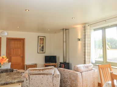 A living room with armchairs a wood stove a television a wooden door and a window with curtains at The Mews in Bovey Tracey near Chudleigh Knighton