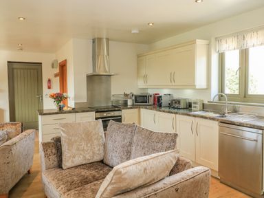 A kitchen with white cabinets brown countertops appliances and a sofa with cushions at The Mews Bovey Tracey near Chudleigh Knighton