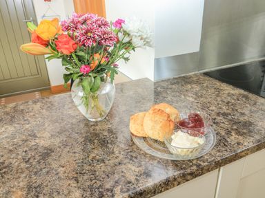 A kitchen counter with a vase of flowers and scones with cream and jam at The Mews in Bovey Tracey near Chudleigh Knighton