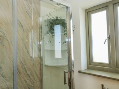 A bathroom shower area with glass door and a window with a plant reflected on the glass at The Mews in Bovey Tracey near Chudleigh Knighton