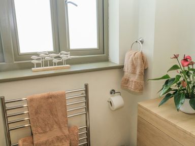 A bathroom with beige towels on a metal rack and ring near a wooden cabinet with a plant on top at The Mews in Bovey Tracey near Chudleigh Knighton