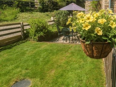 A garden with grass a hanging basket of yellow flowers and an outdoor table with chairs and umbrella at The Mews in Bovey Tracey near Chudleigh Knighton