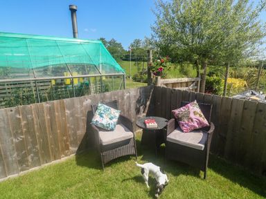 A garden seating area with two chairs and a small table with a book and a small dog on grass at The Mews in Bovey Tracey near Chudleigh Knighton