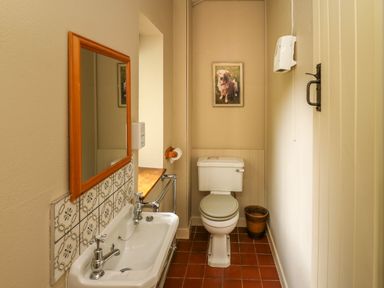 A small bathroom with a toilet sink mirror and framed dog picture at Taibach in Dinas Cross