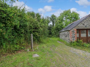 A gravel path next to a stone building surrounded by trees and bushes at Taibach in Dinas Cross