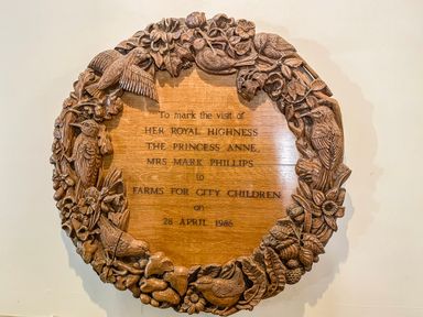 A carved wooden plaque with birds and flowers commemorating a visit by Princess Anne to Farms for City Children at Nethercott House Iddesleigh near Hatherleigh