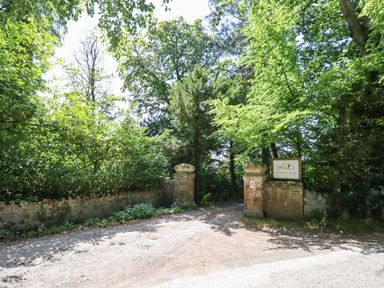 A driveway entrance with stone pillars and surrounding trees at Nethercott House in Iddesleigh near Hatherleigh
