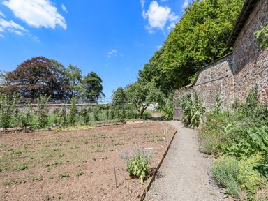 A garden with a dirt path beside a brick wall and plants on the ground at Nethercott House in Iddesleigh near Hatherleigh