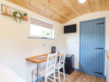 A small room with a wooden ceiling a blue door a wall shelf with plants a table with two white chairs a black kettle a mini fridge and a wall mounted tv at Rose in Illogan