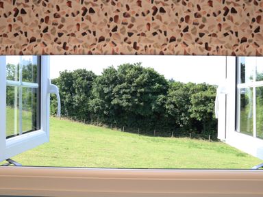 An open window looking out onto a grassy field with trees and a patterned blind at Rose in Illogan