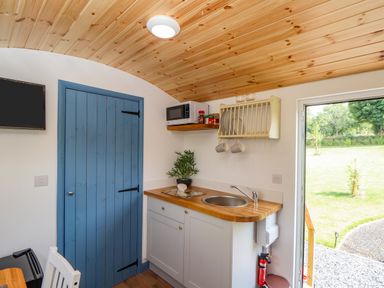 A small kitchen area with a blue door wooden ceiling microwave and a sink at Rose in Illogan