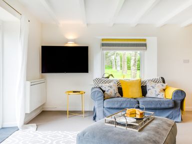 A living room with a blue sofa yellow cushions a wall-mounted TV and a window showing trees at Goose Cottage - within the Helland Barton Farm collection in Delabole