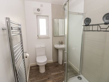 A bathroom with a toilet pedestal sink glass shower enclosure and towel rail at Sandtop in Tenby