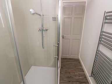 A shower area with glass door a wooden floor a grey door and a chrome towel rack at Sandtop in Tenby