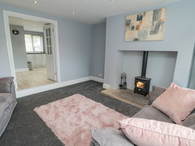 A living room with a fireplace pink rug and gray sofas at 4 Tyne View in Wark