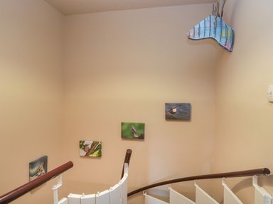 A stairway with white steps and brown handrails decorated with bird pictures and a map patterned horse head wall sculpture at Fellside View in Chapel Stile