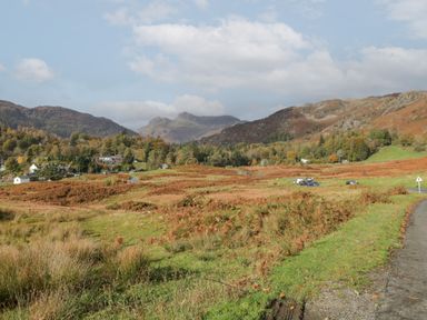A rural landscape with a road on the right grassy fields with brown patches and houses near trees with mountains in the background at Fellside View in Chapel Stile
